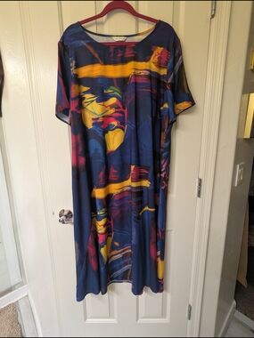 Abstract Paint-Stripe Knit Dress in Navy with Yellow & Pink Accents